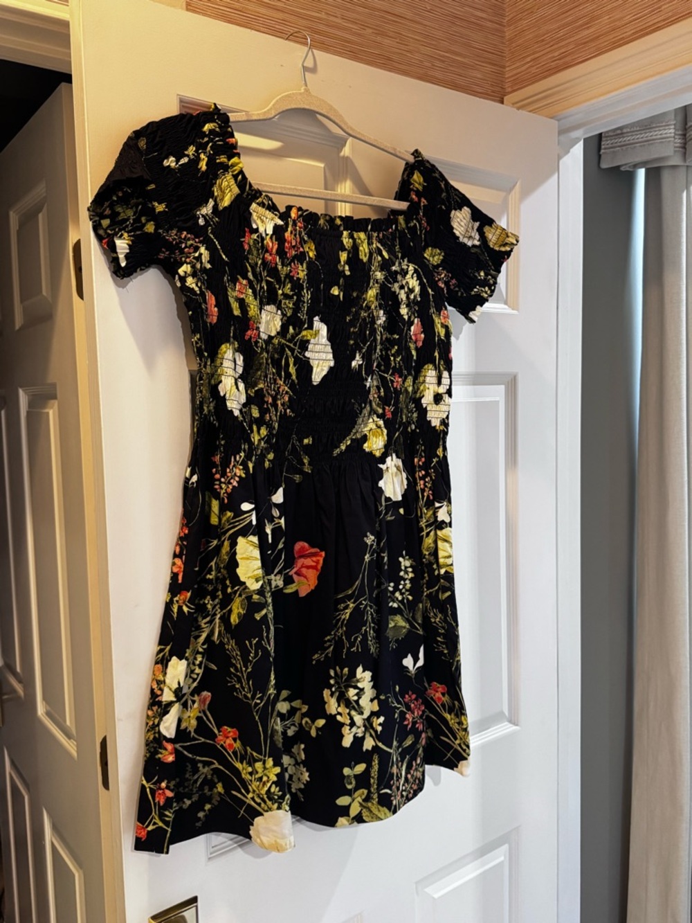 H&M Black Floral Smocked Mini Dress with Puff Sleeves